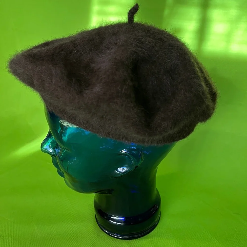80s M Brod Brown Wool Blend Fuzzy Beret Hat French Style Winter Cap